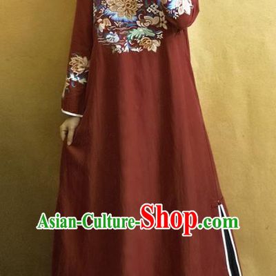 Traditional Chinese Tang Suit Embroidered Lotus Rust Red Cheongsam Linen Qipao Dress National Costume for Women