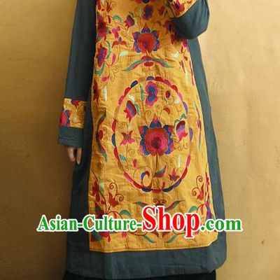 Traditional Chinese Tang Suit Embroidered Yellow Cheongsam Linen Qipao Dress National Costume for Women