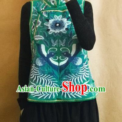 Traditional Chinese Embroidered Green Vest Upper Outer Garment Tang Suit Waistcoat National Costume for Women