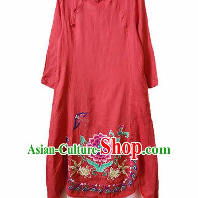 Traditional Chinese Embroidered Lotus Red Cheongsam Tang Suit Qipao Dress National Costume for Women