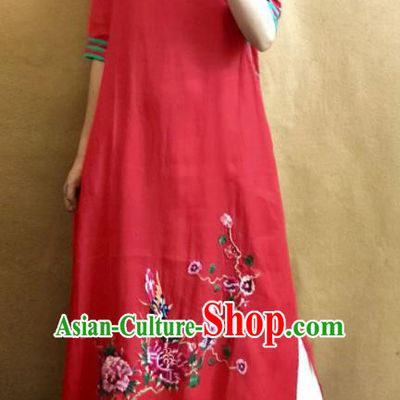 Traditional Chinese Embroidered Peony Red Cheongsam Tang Suit Qipao Dress National Costume for Women
