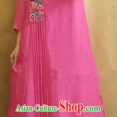 Traditional Chinese Embroidered Rosy Linen Cheongsam Tang Suit Qipao Dress National Costume for Women