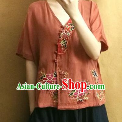 Traditional Chinese Embroidered Peony Brown Blouse Upper Outer Garment Tang Suit Shirt National Costume for Women