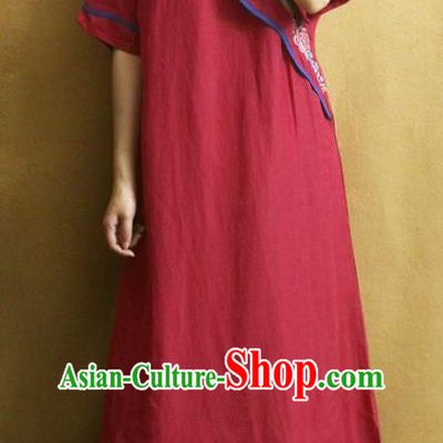 Traditional Chinese Embroidered Peony Wine Red Linen Cheongsam Tang Suit Qipao Dress National Costume for Women