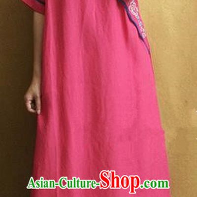 Traditional Chinese Embroidered Peony Rosy Linen Cheongsam Tang Suit Qipao Dress National Costume for Women