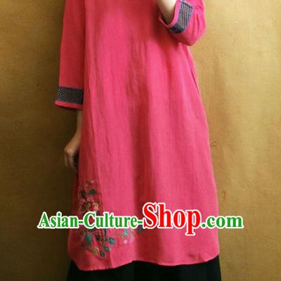 Traditional Chinese Embroidered Peony Rosy Linen Cheongsam Tang Suit Qipao Dress National Costume for Women