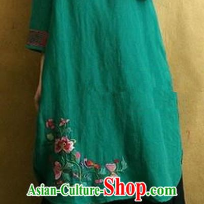 Traditional Chinese Embroidered Flowers Green Linen Cheongsam Tang Suit Qipao Dress National Costume for Women