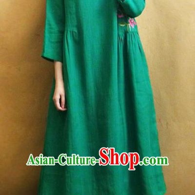 Traditional Chinese Embroidered Twine Flowers Green Cheongsam Tang Suit Qipao Dress National Costume for Women