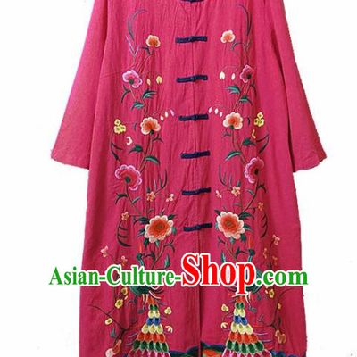 Traditional Chinese Embroidered Peacock Peony Rosy Coat Tang Suit Outer Garment National Costume for Women