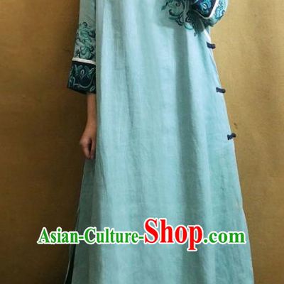Traditional Chinese Embroidered Green Cheongsam Tang Suit Qipao Dress National Costume for Women