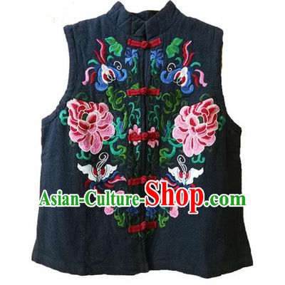 Traditional Chinese Embroidered Peony Navy Vest Tang Suit Upper Outer Garment National Costume for Women