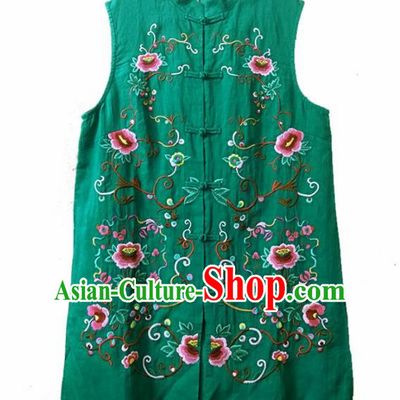 Traditional Chinese Embroidered Peony Green Long Vest Tang Suit Upper Outer Garment National Costume for Women