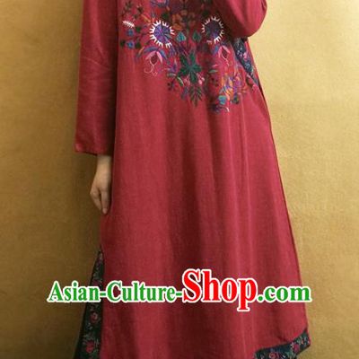 Traditional Chinese Embroidered Purplish Red Cheongsam Tang Suit Qipao Dress National Costume for Women