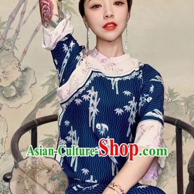 Traditional Chinese Printing Bamboo Royalblue Cheongsam Tang Suit Qipao Dress National Costume for Women