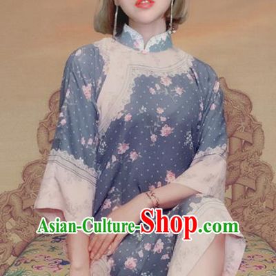 Traditional Chinese Printing Blue Cheongsam Tang Suit Qipao Dress National Costume for Women