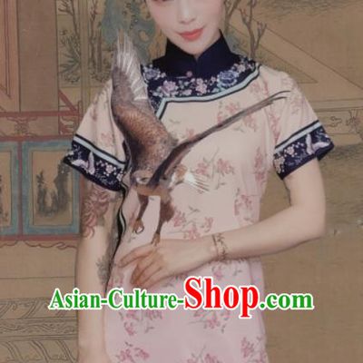 Traditional Chinese Printing Pink Cheongsam Tang Suit Qipao Dress National Costume for Women