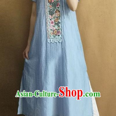 Traditional Chinese Embroidered Blue Qipao Dress Tang Suit National Costume for Women