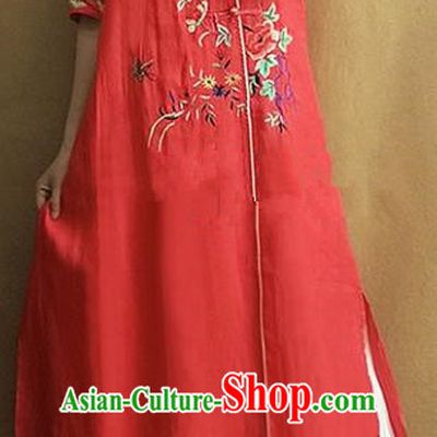 Traditional Chinese Embroidered Peony Red Cheongsam Qipao Dress Tang Suit National Costume for Women