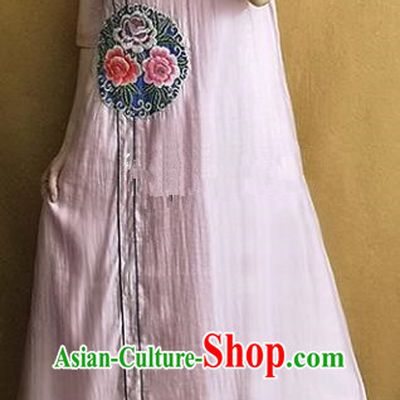 Traditional Chinese Embroidered Peony Lilac Linen Cheongsam Qipao Dress Tang Suit National Costume for Women