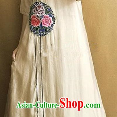 Traditional Chinese Embroidered Peony Light Yellow Linen Cheongsam Qipao Dress Tang Suit National Costume for Women