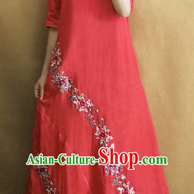 Traditional Chinese Embroidered Flowers Red Linen Cheongsam Qipao Dress Tang Suit National Costume for Women