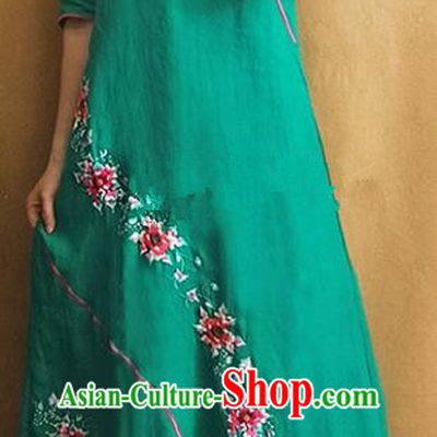 Traditional Chinese Embroidered Flowers Green Linen Cheongsam Qipao Dress Tang Suit National Costume for Women