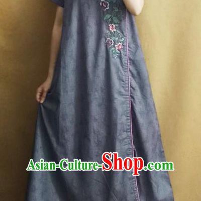 Traditional Chinese Embroidered Grey Cheongsam Qipao Dress Tang Suit National Costume for Women
