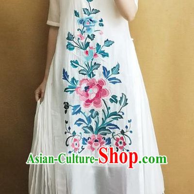 Traditional Chinese Embroidered Peony White Rayon Cheongsam Qipao Dress Tang Suit National Costume for Women