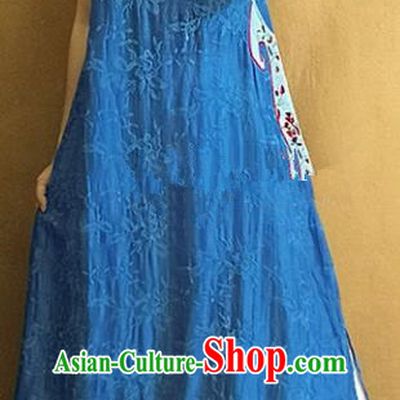 Traditional Chinese Embroidered Royalblue Linen Cheongsam Qipao Dress Tang Suit National Costume for Women