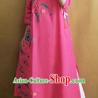 Traditional Chinese Embroidered Peony Rosy Dress Tang Suit Cheongsam National Costume for Women