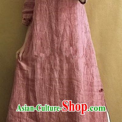 Traditional Chinese Embroidered Red Linen Dress Tang Suit Cheongsam National Costume for Women