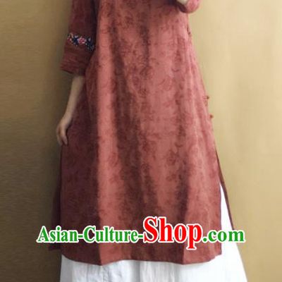 Traditional Chinese Embroidered Rust Red Dress Tang Suit Cheongsam National Costume for Women