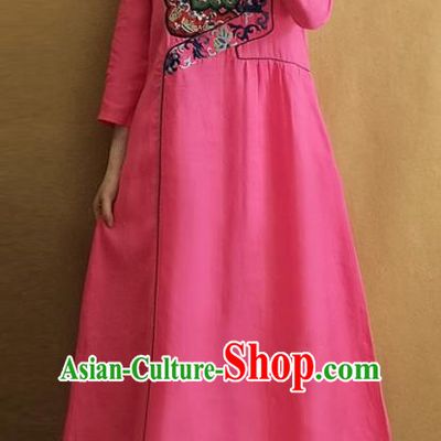 Traditional Chinese Embroidered Rosy Qipao Dress Tang Suit Cheongsam National Costume for Women