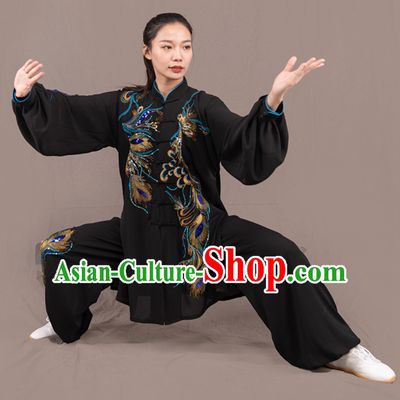 Black Top Chinese Traditional Competition Championship Professional Tai Chi Uniforms Taiji Kung Fu Wing Chun Kungfu Tai Ji Sword Gong Fu Master Clothing Suits Clothes Complete Set for Women