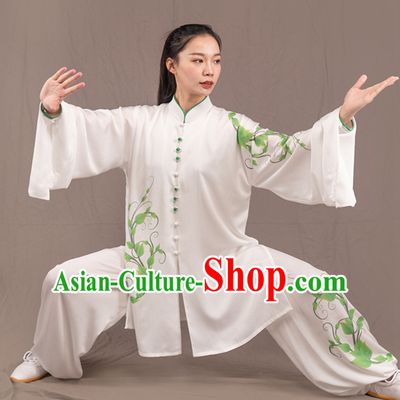 White Top Chinese Traditional Competition Championship Professional Tai Chi Uniforms Taiji Kung Fu Wing Chun Kungfu Tai Ji Sword Gong Fu Master Clothing Suits Clothes Complete Set for Women
