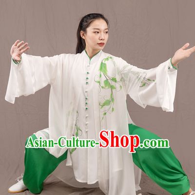 White Top Chinese Traditional Competition Championship Professional Tai Chi Uniforms Taiji Kung Fu Wing Chun Kungfu Tai Ji Sword Gong Fu Master Clothing Suits Clothes Complete Set for Women