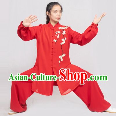 Red Embroidered Plum Blossom Chinese Traditional Competition Championship Professional Tai Chi Uniforms Taiji Kung Fu Wing Chun Kungfu Tai Ji Sword Master Clothing Suits Clothing