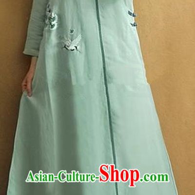 Traditional Chinese Embroidered Crane Green Qipao Dress Tang Suit Cheongsam National Costume for Women
