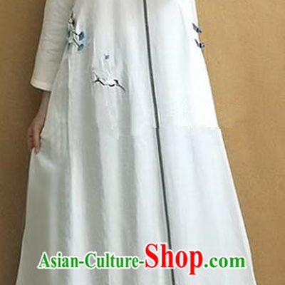Traditional Chinese Embroidered Crane White Qipao Dress Tang Suit Cheongsam National Costume for Women