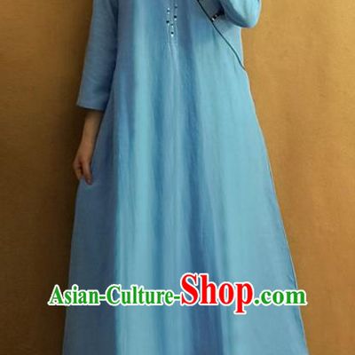 Traditional Chinese Embroidered Rose Blue Qipao Dress Tang Suit Cheongsam National Costume for Women
