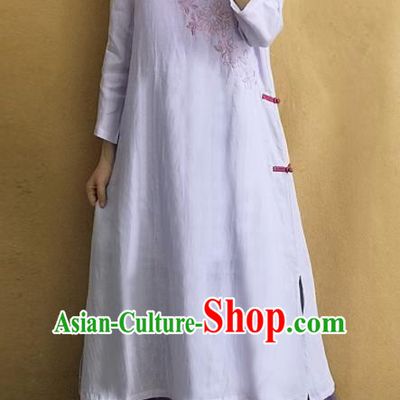 Traditional Chinese Embroidered Lilac Linen Qipao Dress Tang Suit Cheongsam National Costume for Women
