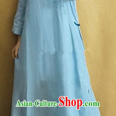 Traditional Chinese Embroidered Blue Linen Qipao Dress Tang Suit Cheongsam National Costume for Women