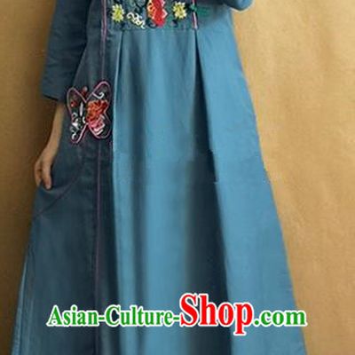 Traditional Chinese Embroidered Peony Navy Linen Qipao Dress Tang Suit Cheongsam National Costume for Women