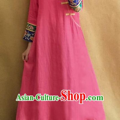 Traditional Chinese Embroidered Lotus Rosy Linen Qipao Dress Tang Suit Cheongsam National Costume for Women