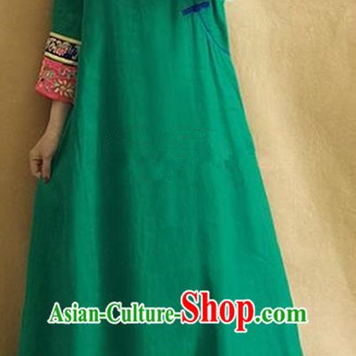 Traditional Chinese Embroidered Lotus Green Linen Qipao Dress Tang Suit Cheongsam National Costume for Women