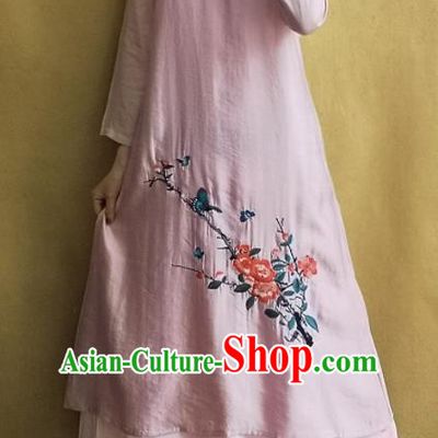 Traditional Chinese Embroidered Flowers Butterfly Pink Qipao Dress Tang Suit Cheongsam National Costume for Women
