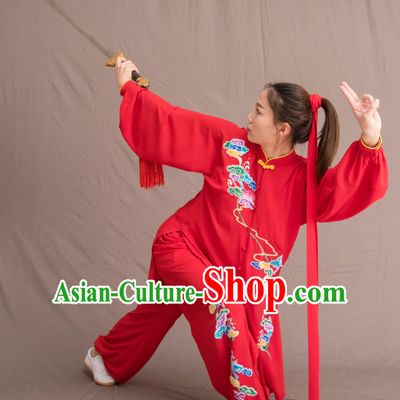 Lucky Red Top Chinese Classical Competition Championship Professional Tai Chi Uniforms Taiji Kung Fu Wing Chun Kungfu Tai Ji Sword Master Dress Clothing Suits Clothing Complete Set
