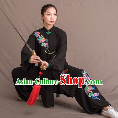 Black Top Chinese Classical Competition Championship Professional Tai Chi Uniforms Taiji Kung Fu Wing Chun Kungfu Tai Ji Sword Master Dress Clothing Suits Clothing Complete Set