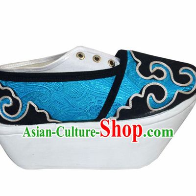 Handmade Chinese Beijing Opera Niche Shoes Peking Opera Scholar Blue Shoes for Women