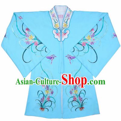 Handmade Chinese Beijing Opera Embroidered Orchid Blue Cape Traditional Peking Opera Diva Costume for Women